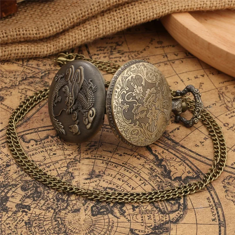 Retro Pocket Watch Traditional Chinese Zodiac Style 3D Retro Dragon Quartz Watches Pendant Necklace Chain Birthday Gifts