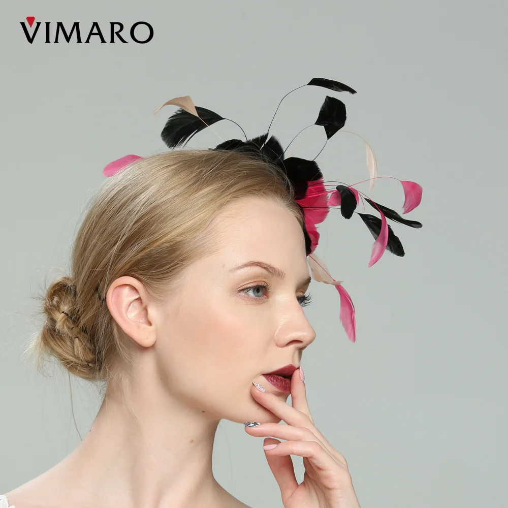 VIMARO Fuchsia and Black Feather Fascinators for Women Elegant Hair Accessories Fascinator Hats for Women Wedding and Church