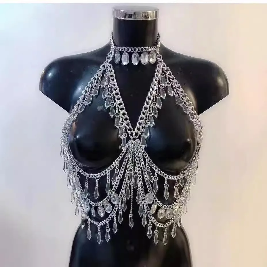 

Sexy Acrylic Crystal Pendant Vest with Sequins and Metal Chain