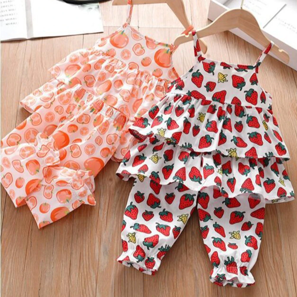 

Eu's SWIND Toddler Girls 2Pcs Summer Outfit Sets Fruit cartoon printing Sleeveless Vest Floral Flared Pants 0-4Year kids outdoor