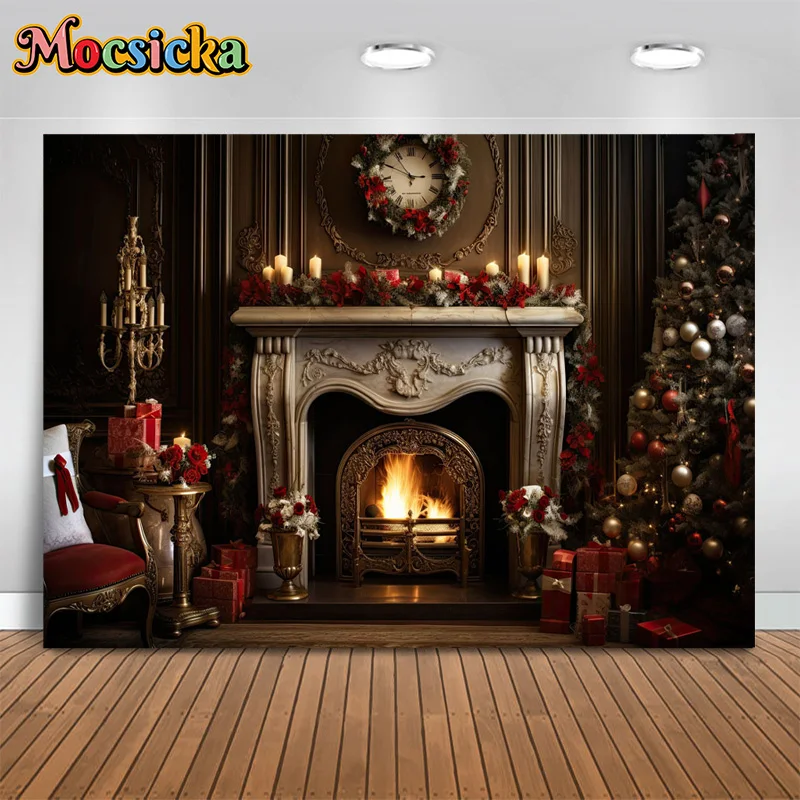 

Mocsicka Christmas Photography Background Xmas Tree Vintage Fireplace Backdrop New Year's Eve Birthday Party Photo Booth Banner