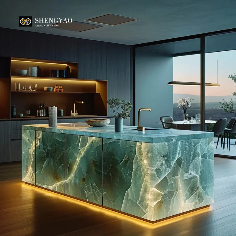 custom.Illuminated Green Quartz Resin Translucent Stone Kitchen Waterfall Island Bar Countertop