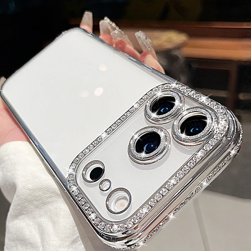 حافظة فاخرة لامعة ماسية لهاتف آيفون 17 برو 17 برو ماكس 17 16 15 14 13 12 11 16 ProMax غطاء نسائي مقاوم للصدمات كريستال شفاف