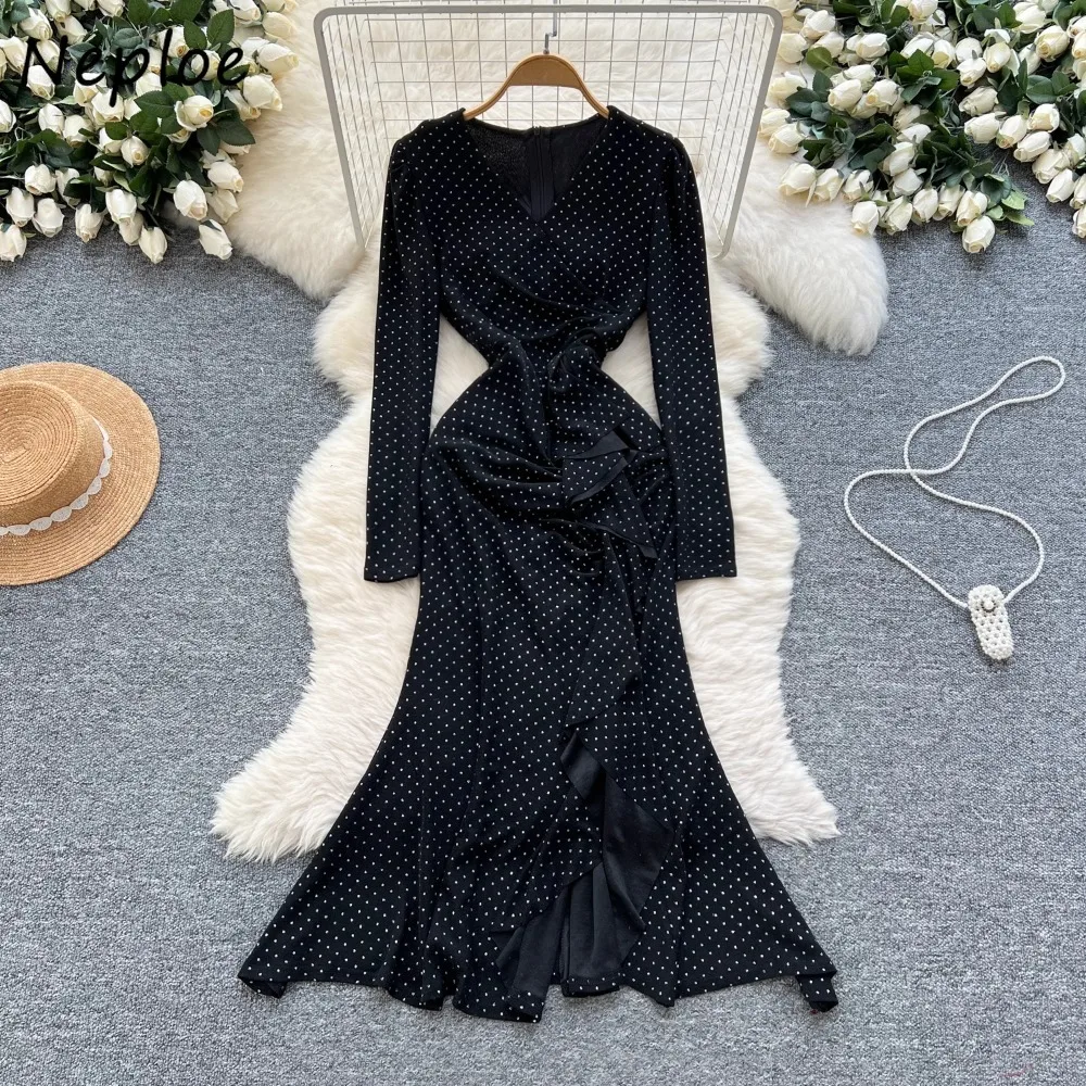 

Neploe Luxury Elegant Sexy V Neck Long Sleeve Mujer Leopard Hot Fix Slim Waist Femme Robe Mermaid Bodycon Korea Fashion Dresses