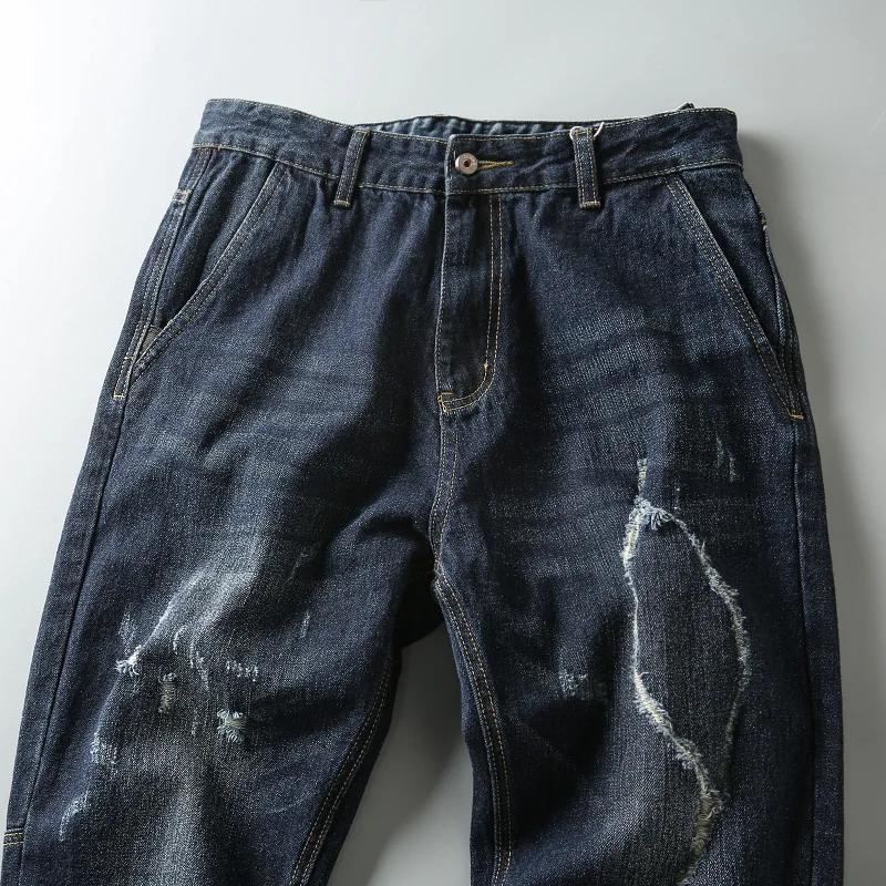 

Autumn Winter New Sle Japanese Heavy Du Waed Vintage Casual Men's Hole White Waed Cuff Denim Jeans Loose Fit Yout...