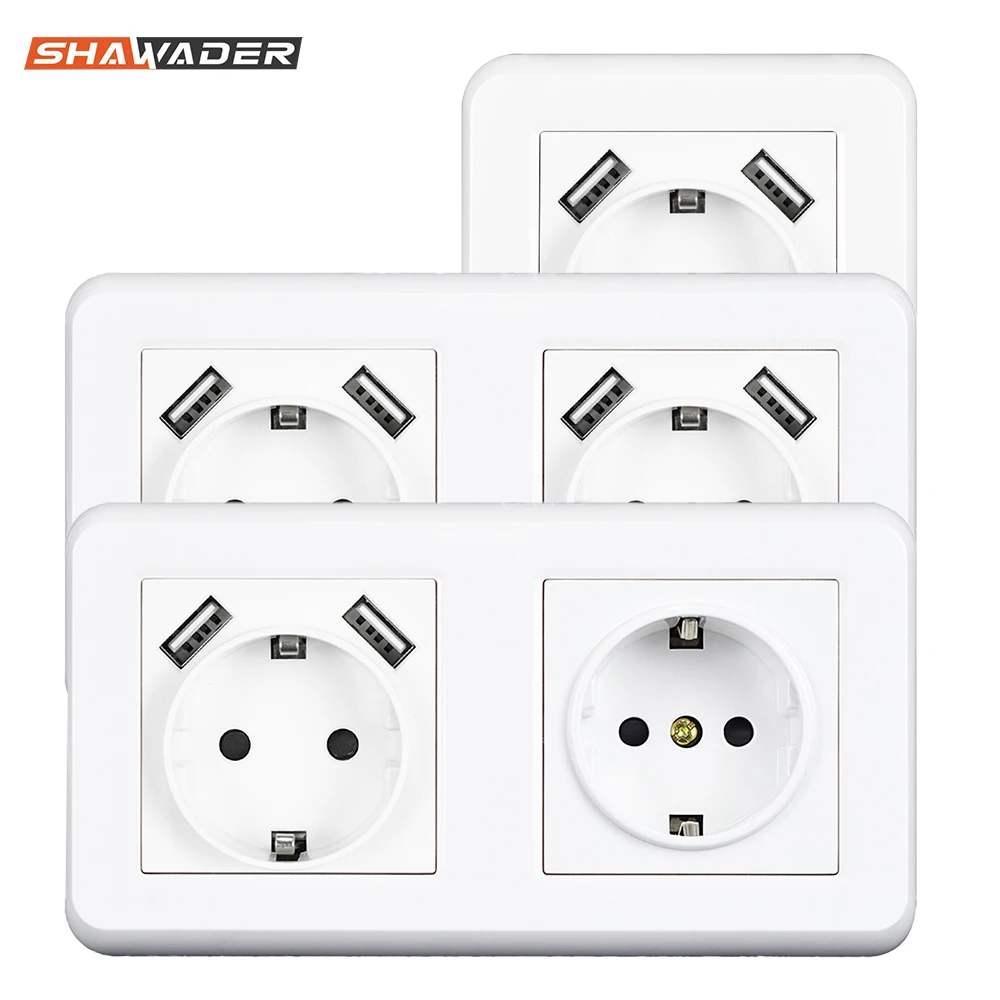 USB Wall Socket Electrical 1/2 Way Plug Power Outlet 16A Flush Mounted EU Square Schuko for Smartphone Tablet MP3 Office Kitchen