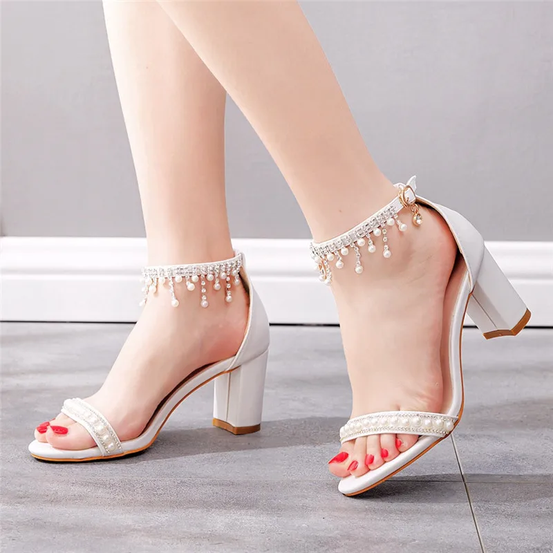 Sandalias de tacón alto para mujer, zapatos de tacón alto con perlas de lujo, zapatos de tacón para mujer, zapatos de fiesta de boda, sandalias de talla 34-43