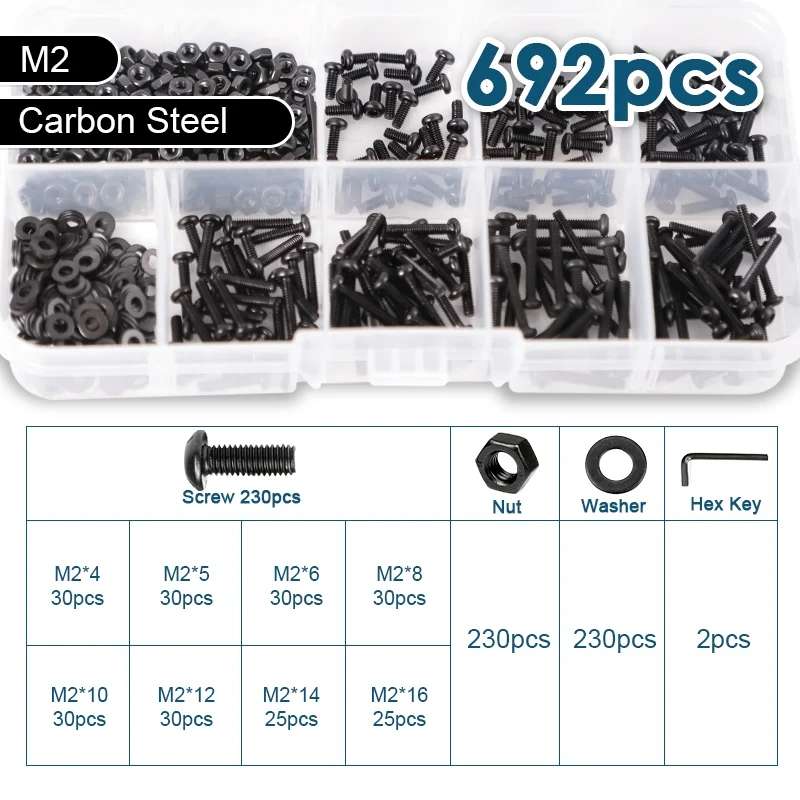 M1.6 M2 M2.5 M3 M4 M5 M6 M8 Innensechskant-Halbrundkopfschrauben, Muttern und Unterlegscheiben Set, Schwarz, Güteklasse 12.9, Inbus-Rundkopfschrauben und Muttern Kit