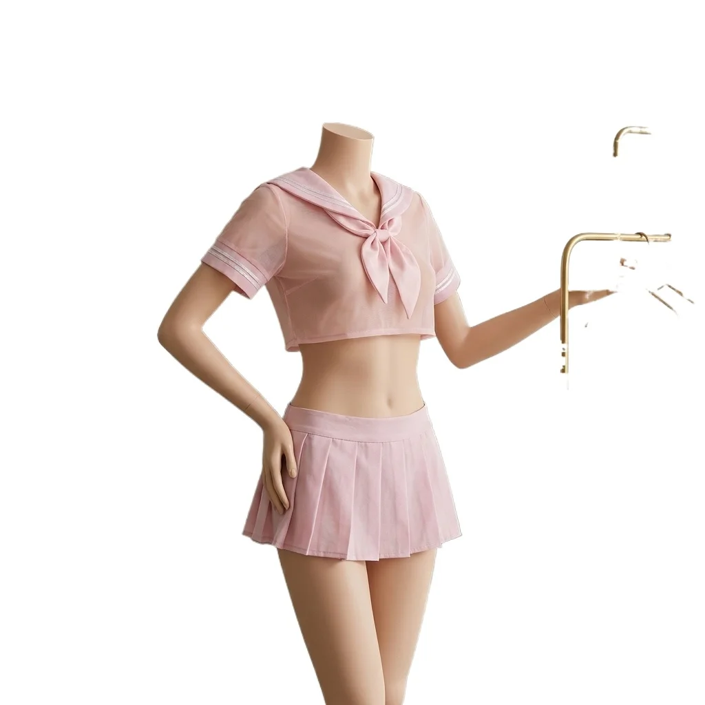 Cropped Sailor Outfit Slim Crop Sailor Blouse Double White Line Sailor Collar with Bow Solid Navy Pleated Skirt