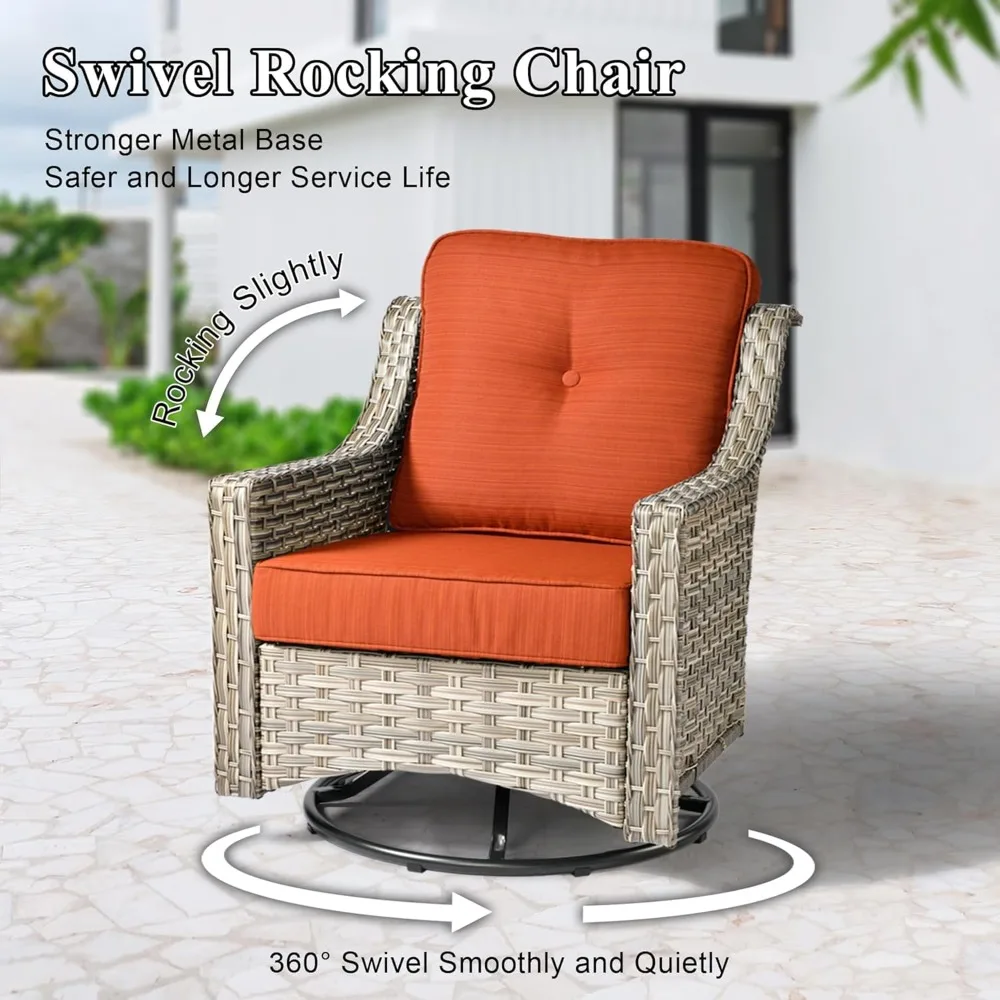 5 Pieces Patio Conversation Set,Wicker Swivel Rocking Chair and Coffee Table,All Weather Rattan Patio Furniture Set for Garden,B
