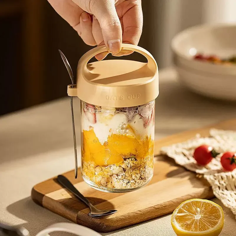 430ML Ontbijt Kopjes Havermout Granen Moer Yoghurt Salade Container met Lepel Lekvrij Melk Cups Soda Limoen Glas Voedsel opbergdoos