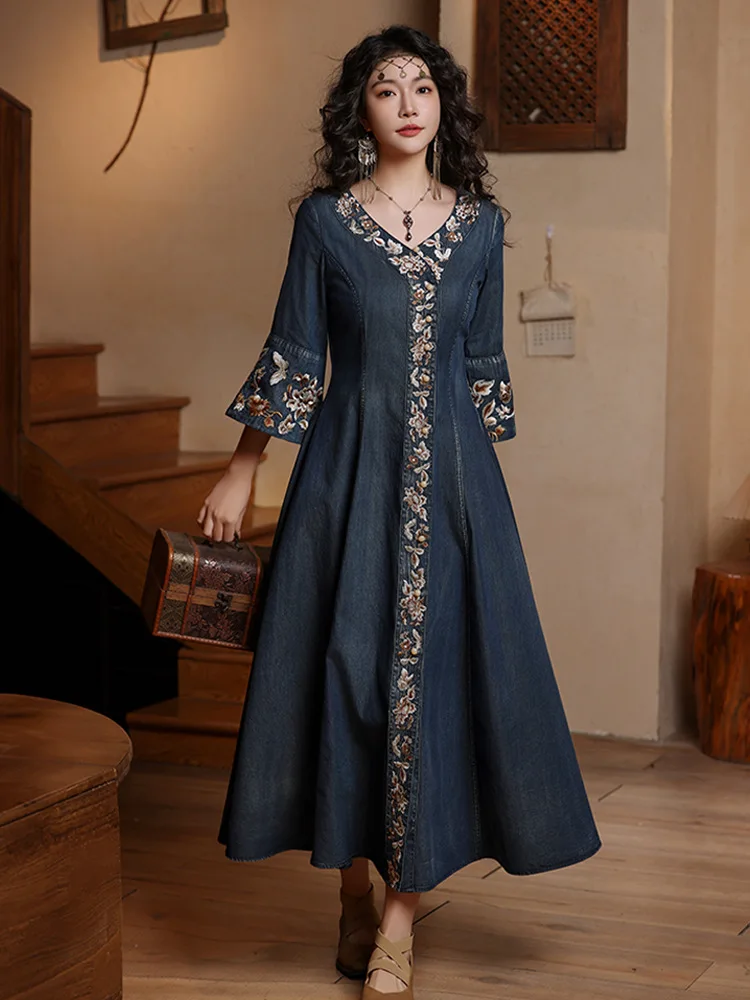 TIYIHAILEY Women Denim Dresses Long Mid-Calf Single Breasted Autumn M-3XL Chinese Style Embroidery V-neck 2024 New Vintage