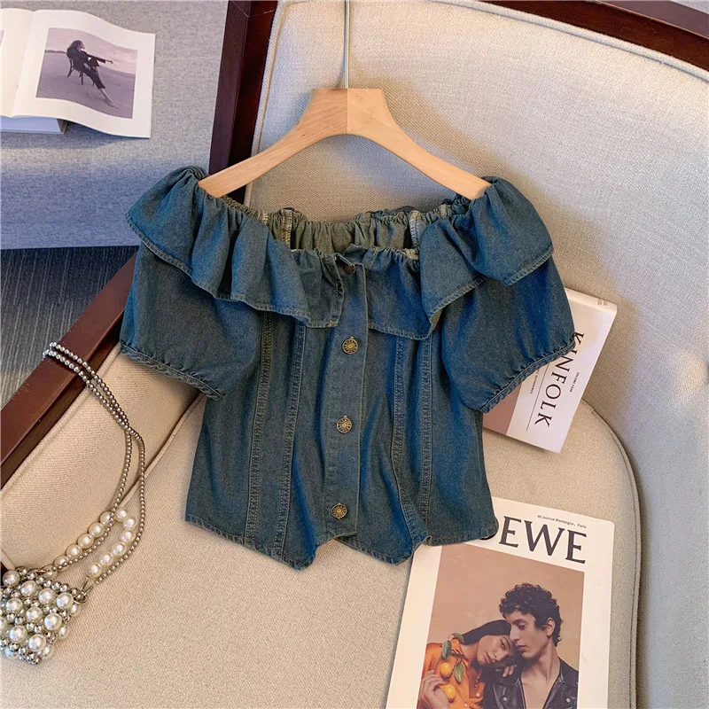 

Женская милая джинсовая рубашка с коротким рукавом, летняя, с завышенной талией, на одно плечо, в корейском стиле, для повседневной носки, из смесового хлопка с эластаном