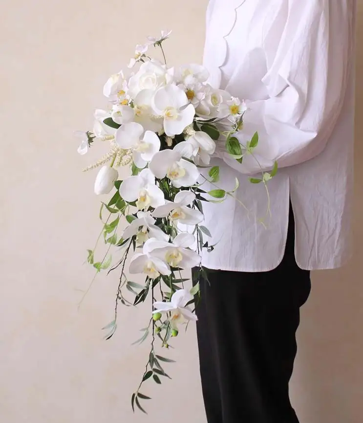 Whitney Bridal Wedding Bouquet 2024 New Arrival White Phalaenopsis orchid Cascading Style Real touch Ramos de novias boda