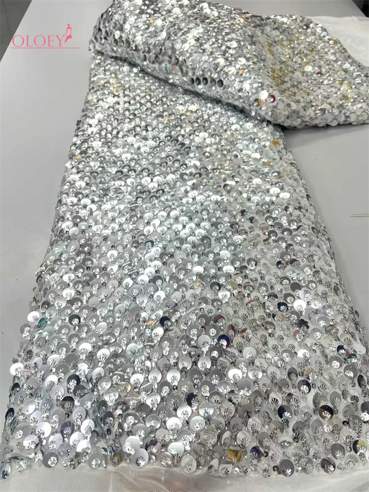 

OLOEY Серебряное люксовое кружевное полотно с крупными блестками 2026, высококачественное французское нигерийское кружево с пайетками для вечерних платьев и шитья