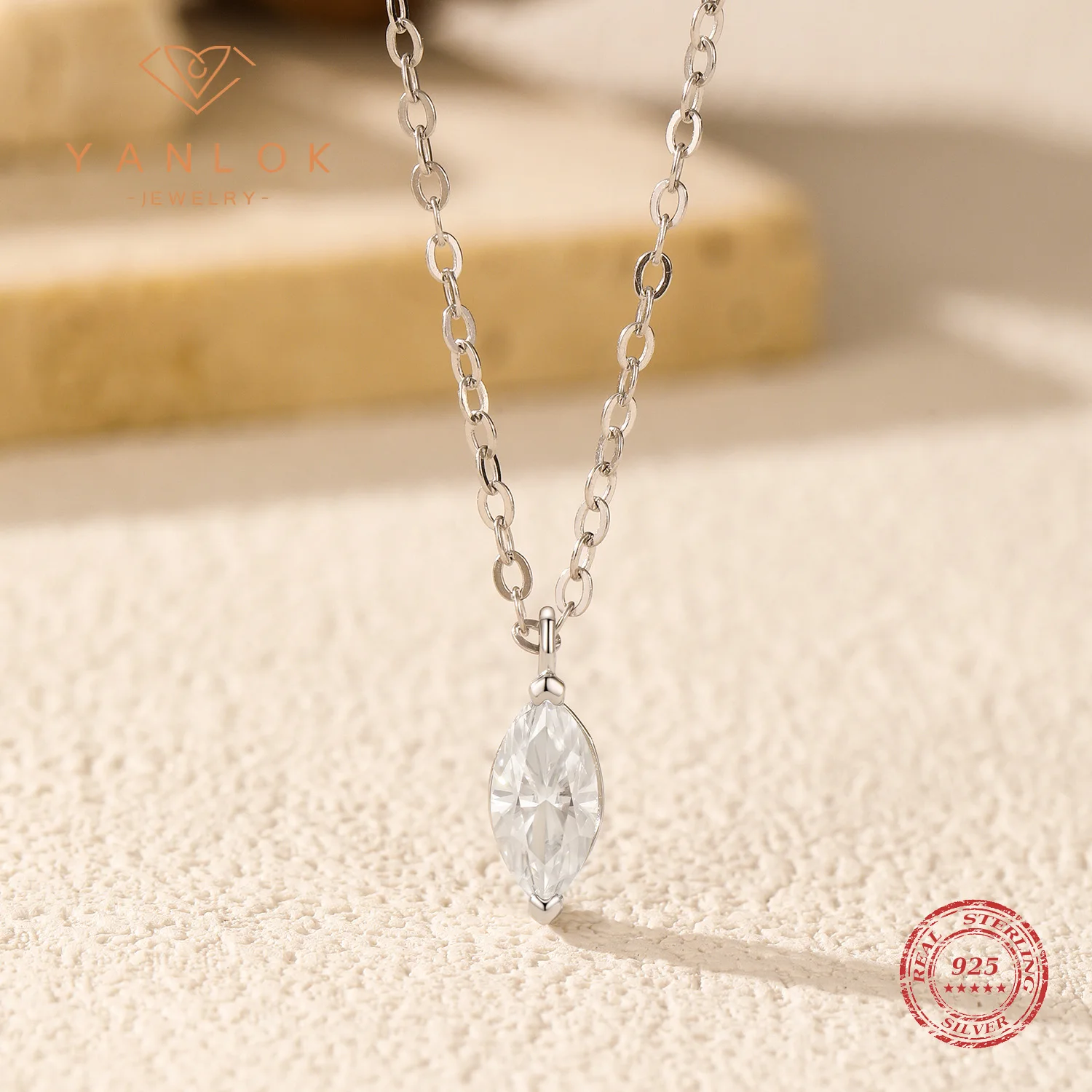 YANLOK 925 Sterling Silver Simple Sparkling Marquise Cut Moissanite Pendant Necklace For Women Daily OL Fine Jewelry