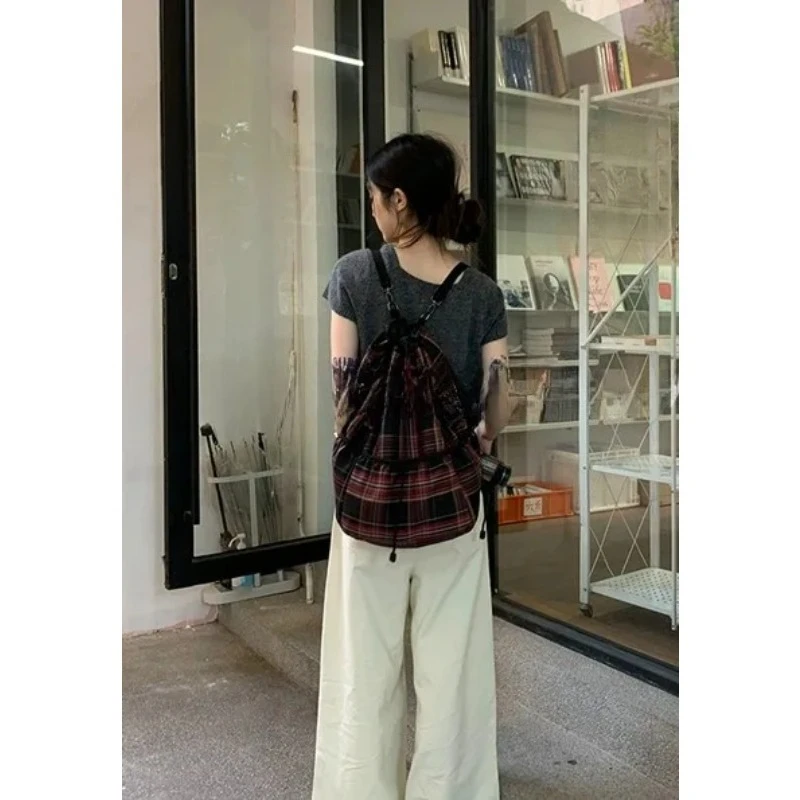2025New Retro Red Plaid Large Capaci Backpack Drawstring Closure Shoulder Bag Casual Slish Polyester Women's Backpack