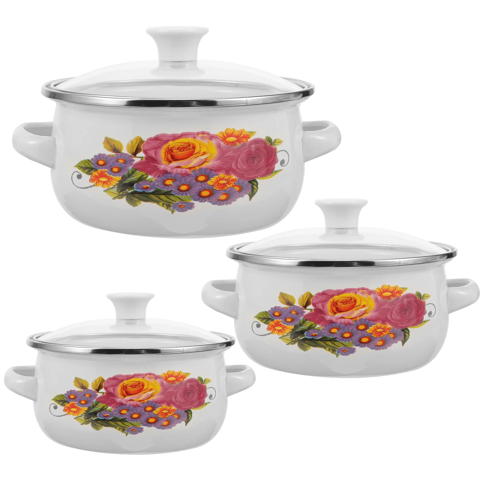 

3 Pcs Instant Noodles School Canteen with Rice Heating Pot Stock Enamel Small Double Handles Stove Material