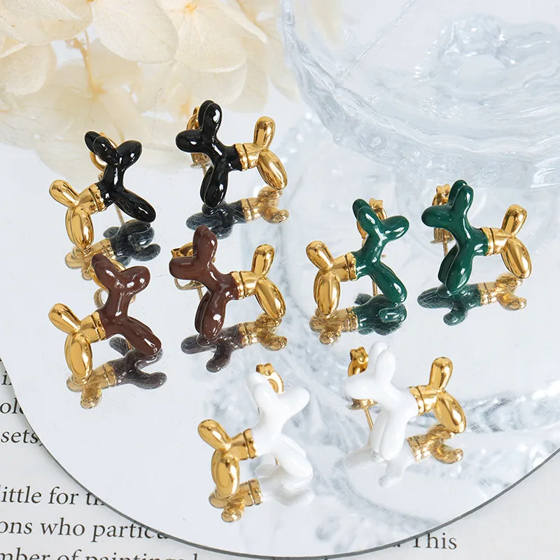 Titanium Steel Plated 18k Color Shaft Drip Oil Earrings Mechanical Dog Cute Sweet Earrings Female Jewelry