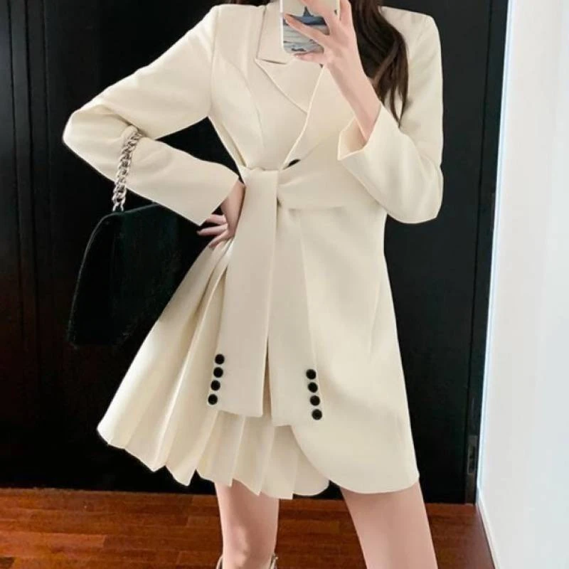 2023 Autumn/Winter Women Blazers Korean Fashion Suit Dress Pleated and Strap Wrapped Waist Dress Chic Suit Coats Women Clothing