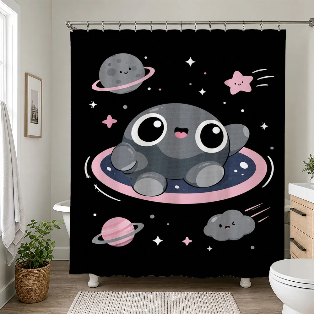 Cute Cartoon Planets and Space Aliens Shower Curtain Bathroom Decor Fun Kids Nursery Shower Curtain