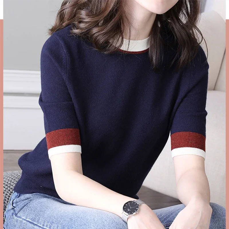 Spring New Casual Fashion Simple Patchwork Short Sleeve Knitting Top Women Loose All-match Round Neck T-shirt Female Tee E452