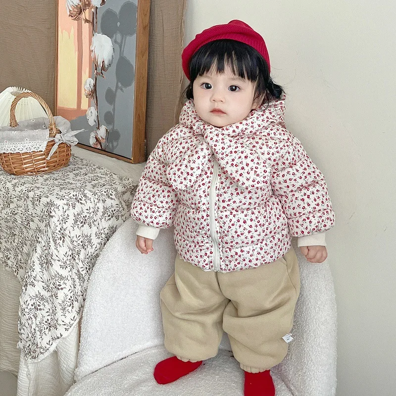 

2025 New Thickened Floral Cotton Jacket Winter Hooded Scarf Warm Coat Winter Cotton Clothing