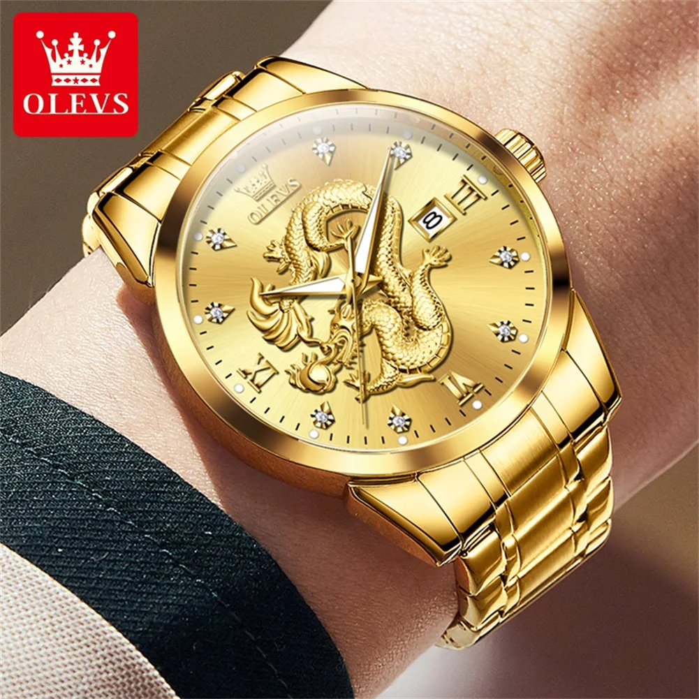 OLEVS 3619 Men\'s Watch Luxury Dragon Dial Diamond Watch Brand Business Waterproof Stainless Steel Calendar Men\'s Quartz Watch