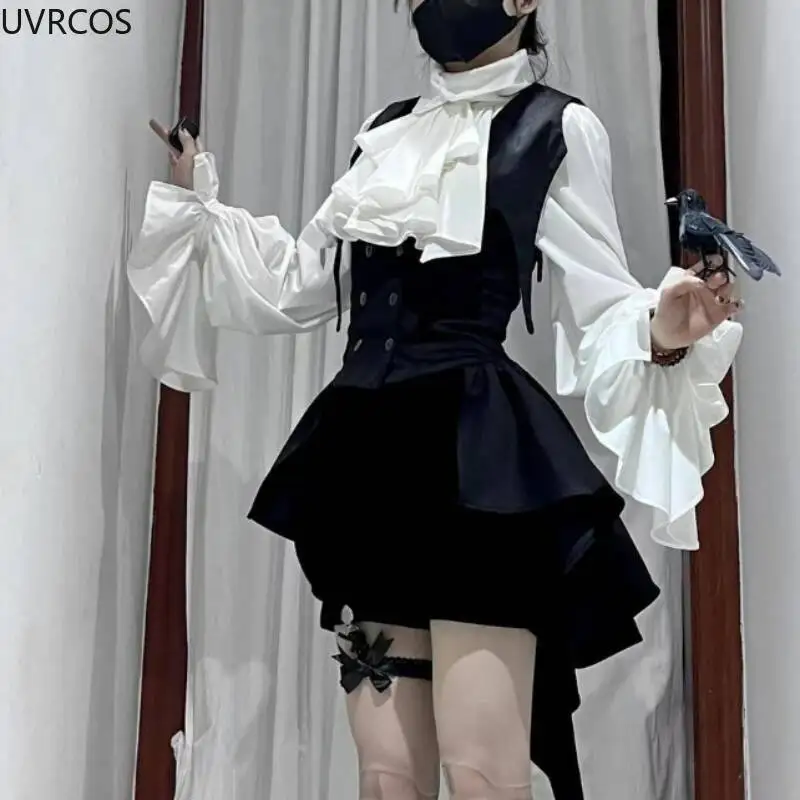 

Хэллоуин Sweet Y2k Стиль 3-х предметов Женские шикарные белые рубашки с бантом Юбка на бретелях Мини-брюки Темный готический костюм Лолиты Зима