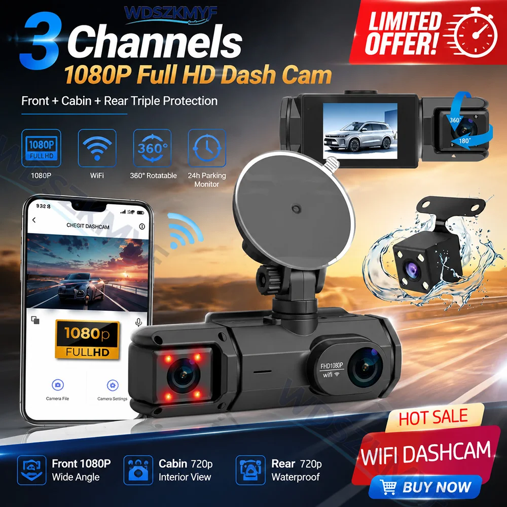 NOVO Câmera Veicular WIFI de 2/3 Canais para Carro, Câmera Frontal e Traseira, Gravador de Vídeo 1080P, Dashcam, Caixa Preta, DVR Automotivo com Câmera de Ré Opcional