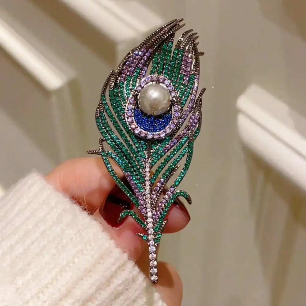 Silver-Toned Peacock Feather Brooch - Multi-Colored Crystals, White Pearl Center, for Daily, Ideal Gift for Peacock Lovers