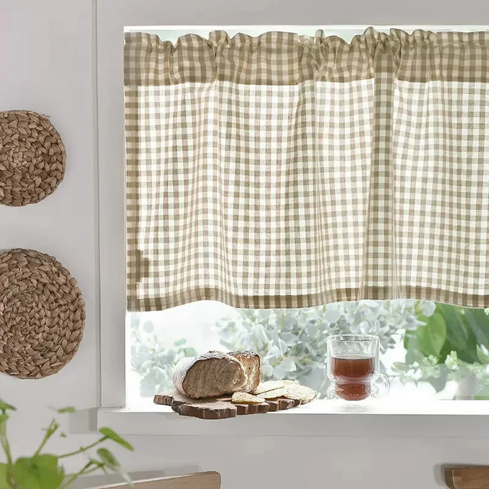 

Beige Gingham Cafe Curtain Short Window Drapes Valance for Kitchen Bookshelf Farmhouse Light Filtering Rustic Decor