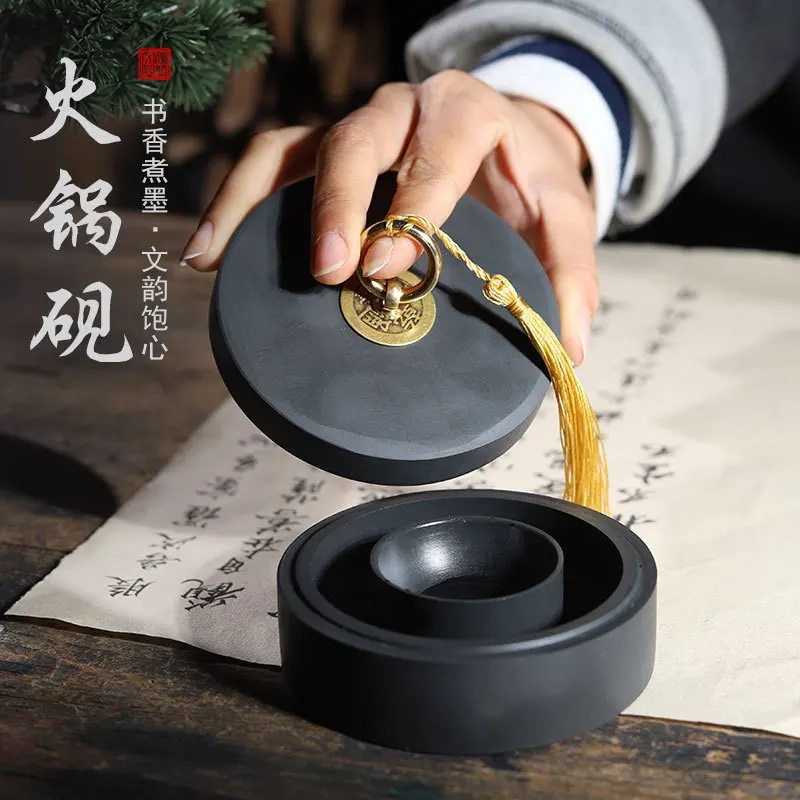 WeiZhuang Nồi Lẩu Inkstone Bàn Với Tua Rua Đôi Vòng Tròn 4 Inch 5 Inch 6 Inch Mực Bể Mực Biển Nhám đá Có Nắp Đậy Có Thể Xay