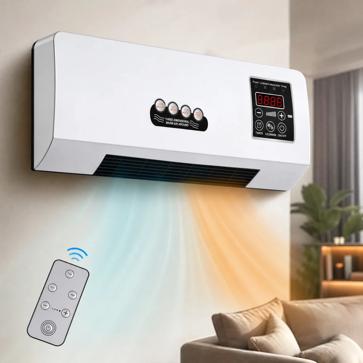 Wall Mounted Air Conditioner Fan, 2-in-1 Heater and Cooling Combo, 1800W PTC Space Heater Combo Unit with Remote 8H Timer, Quiet Ductless Smart Airflow for Bathroom Office(White)