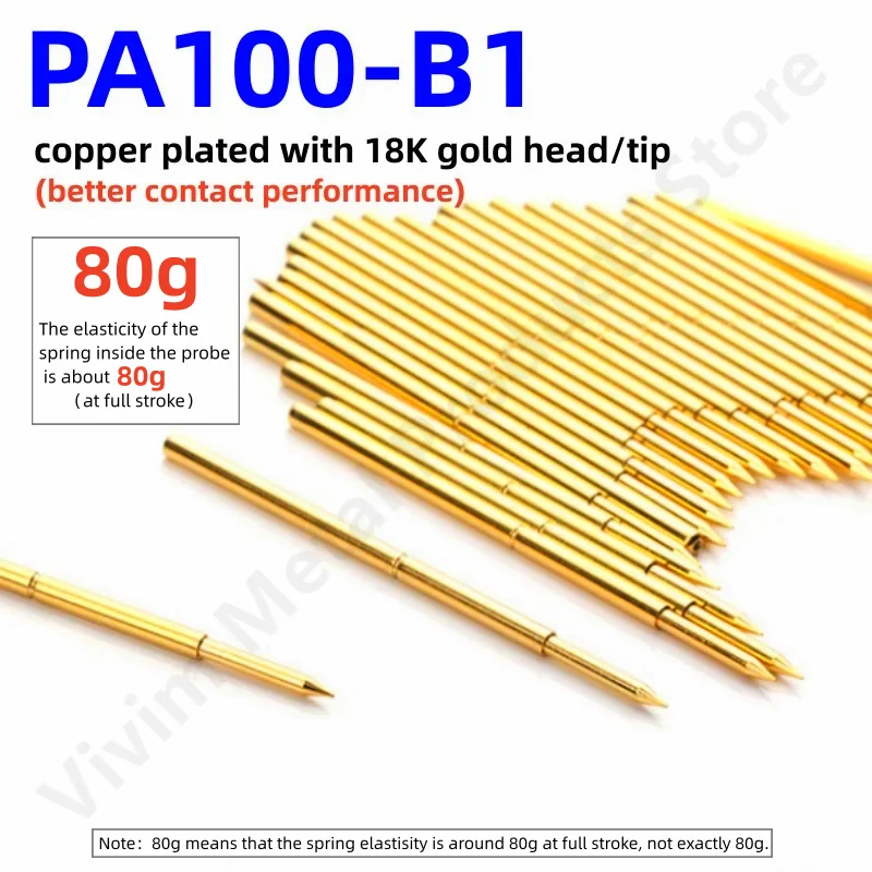 

20/100PCS PA100-B1 80g Spring Test Probe Test Pin Pogo Pin P100-B1 P100-B PCB Test Tool 0.99/1.36/33.35mm Gold Needle Sharp Tip