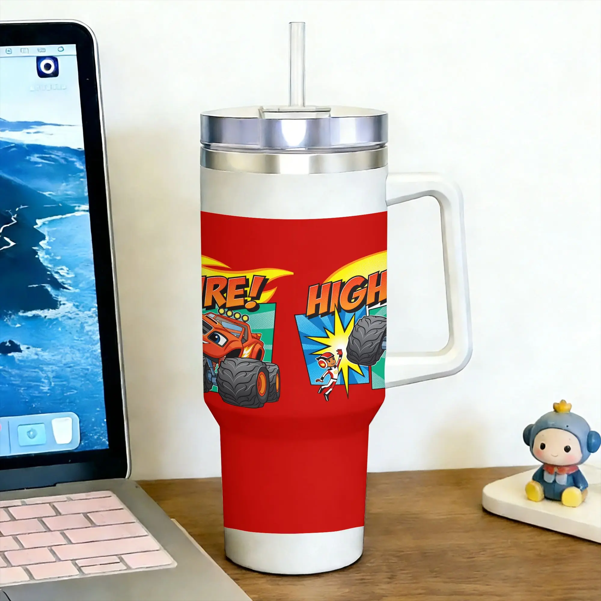 Copo Térmico de Aço Inoxidável B-Blaze e as Máquinas Monstro, Caneca de Café para Praia com Canudos, Copo de Grande Capacidade para Bebidas Frias