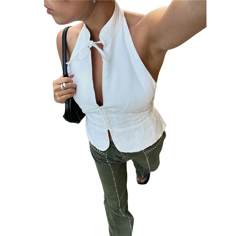 ASDS - Damskie letnie topy typu halter bez rękawów z wycięciem i kokardką na plecach, bluzka na wyjście