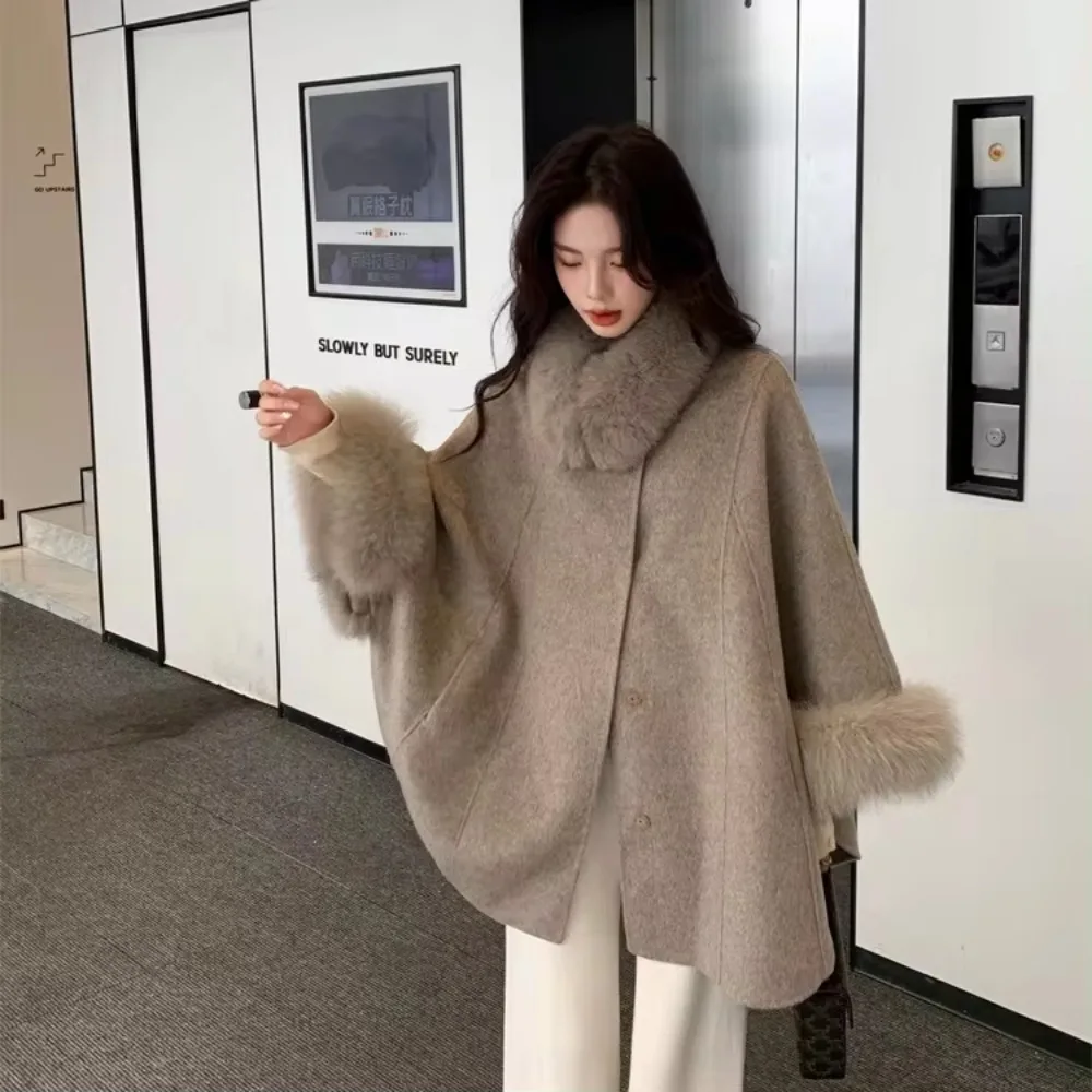 2024 New Autumn Winter Fur Sleeve Detachable Real Fox Fur Collar Coat Wool Women\'s Warm A-line Jacket Luxury Thick Female Coat