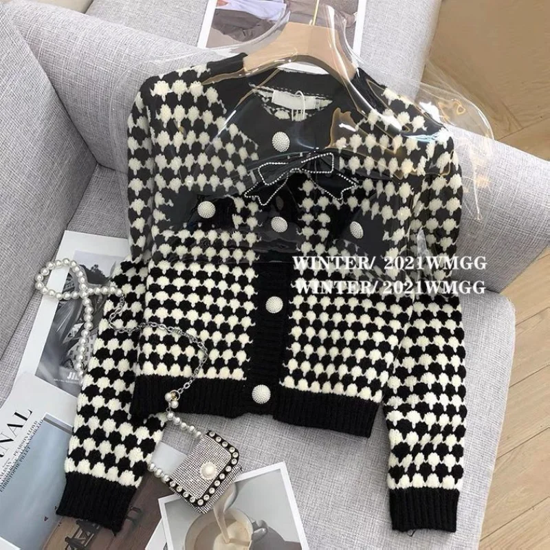 

Autumn Winter New Bow Patchwork Knitting Cardigan Long Sleeve Button All-match Short Sweaters Sweet Fashion Women Clothing