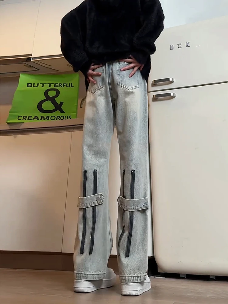 

Мужские джинсы-брюки из денима в американском стиле, прямой крой, удлиненные, с эффектом расклешенных штанин, для работы