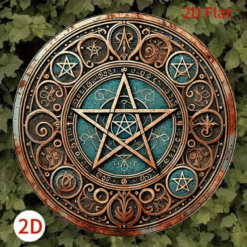 Vintage Wicca Pentagram Metallschild – geschnitzte kreisförmige Schild für Heim- und Altardekoration, mystische Wandkunst für Gothic-Enthusiasten