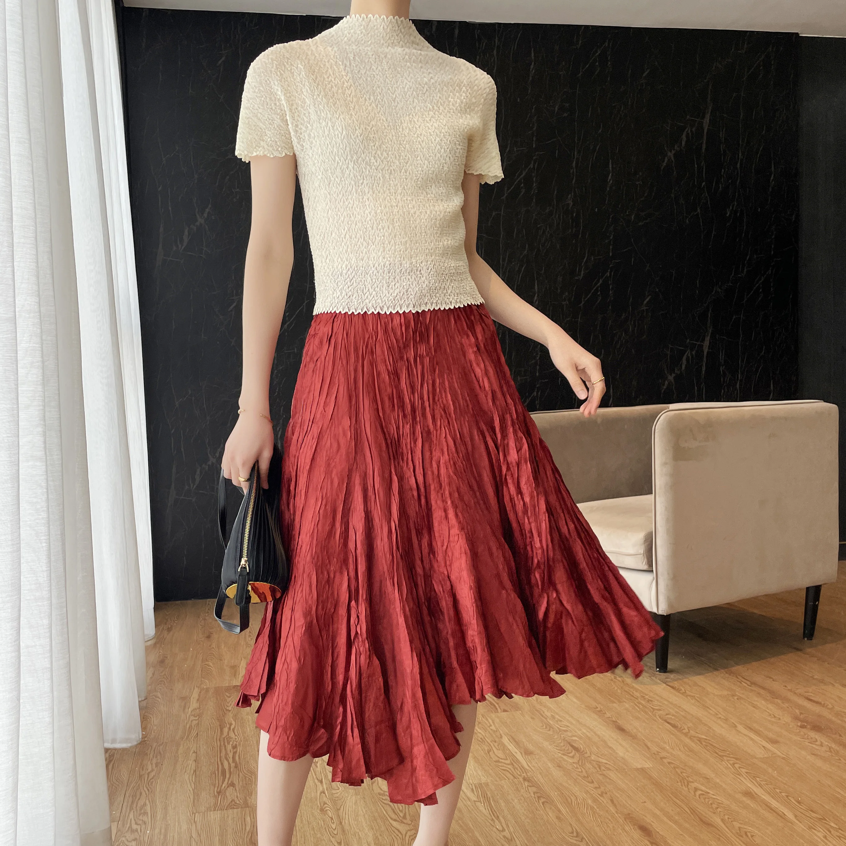Counter quality Autumn spring summer Miyake pleated casual versatile elastic waist skirt A-word skirt pleated skirt