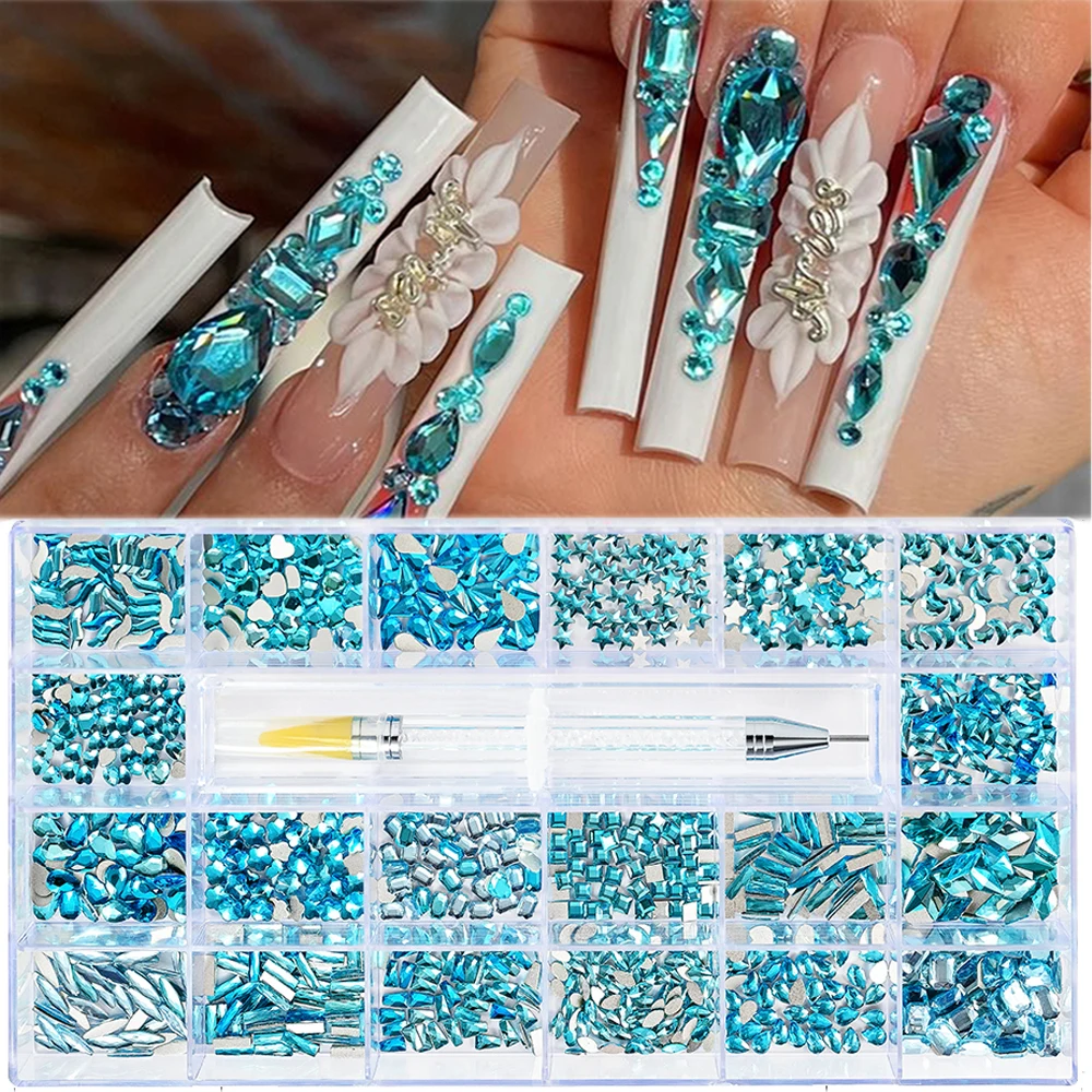 

1000pcs /21Grids Rhinestones Nail Charms Lake Blue Diamond Water-droplets Hyperflash Glass Nail Drill DIY For Nail Enhancement