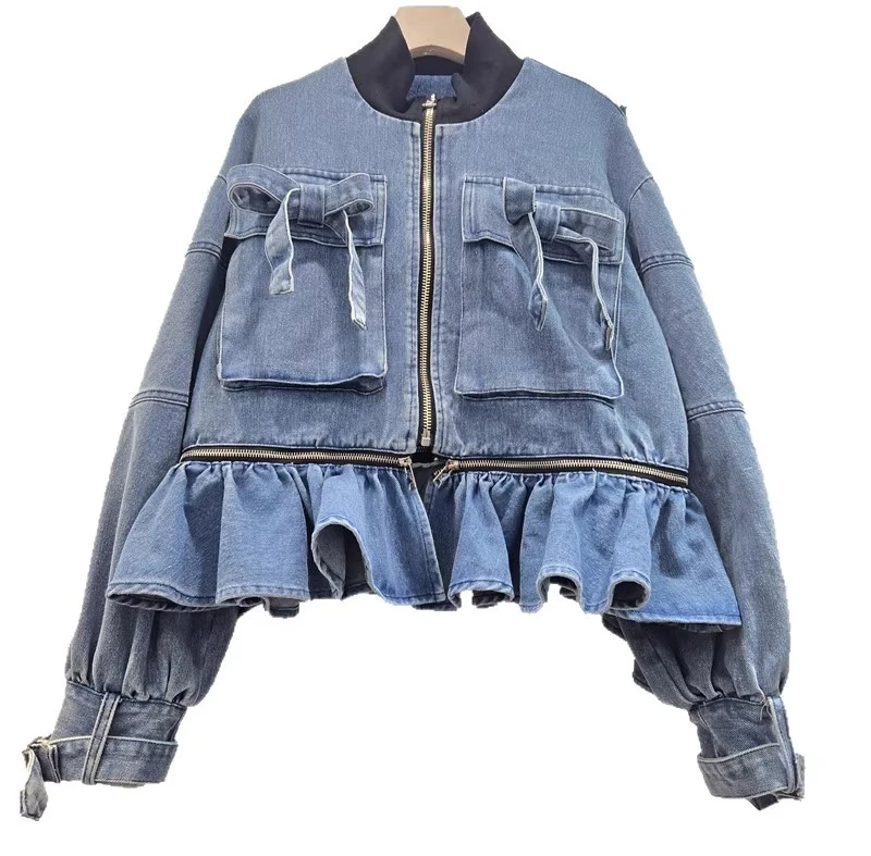 European Heavy Industry Three-dimensional Bow Sweet Ruffles Loose Denim Jacket Spring Autumn Stand Collar Long Sleeve Blue Top