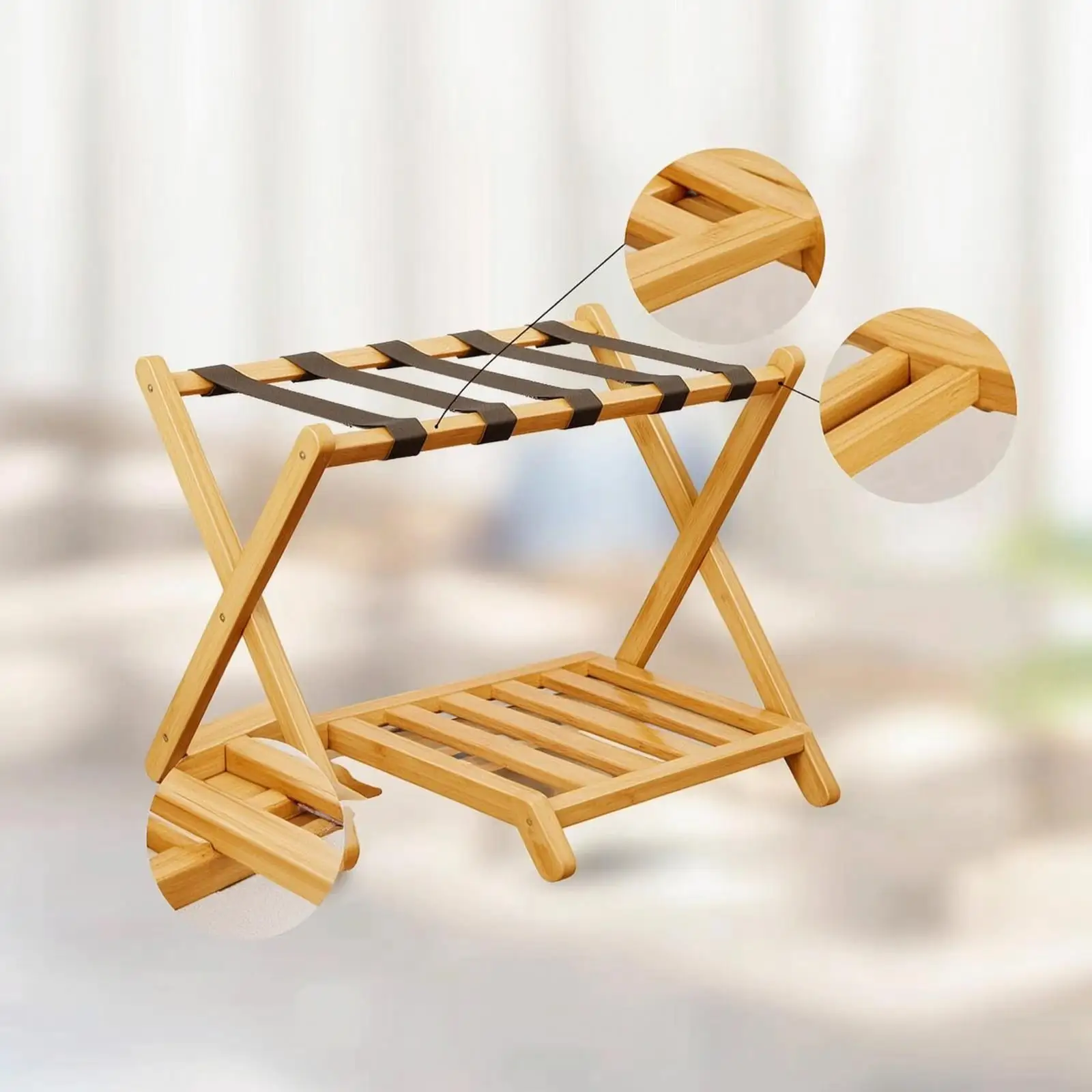 Bamboo Luggage Stand Foldable Suitcase Holder with Lower Shelf for Guest Room Bedroom Travel Storage Solutions
