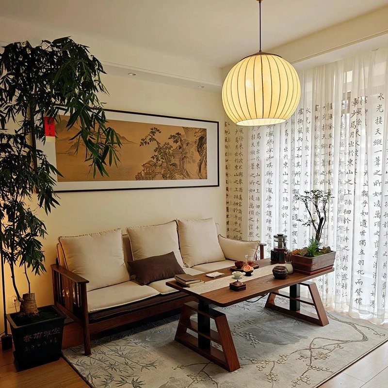 

New Chinese sofa minimalist solid wood medieval straight row fabric sofa coffee table small apartment living room
