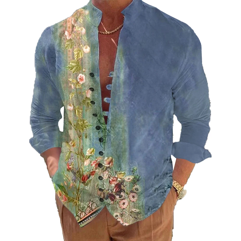 

Men Casual Flower Print Loose Long Sleeve Button Down Tops Blouse Dress Shirt