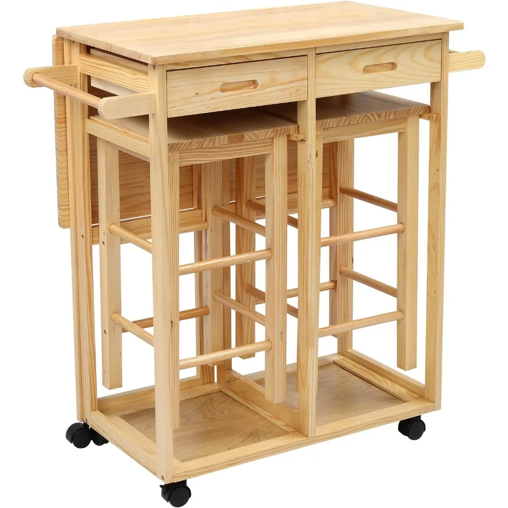 

Drop Leaf Table with 2 Square Stools and 2 Drawers Solid Wood Kitchen Table and Chair Set Island Cart Trolly Breakfast Bar