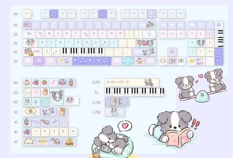 Filhote de cachorro Border Collie Keycap bonito, Lavanda Nota Piano Key, Macaron Azul Roxo, PBT Cereja, Candy Color, 141Key