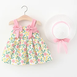 2 adet yaz giysileri bebek kız butik kıyafetler kore sevimli yay kolsuz plaj elbise yenidoğan çiçek elbise + Sunhat BC018